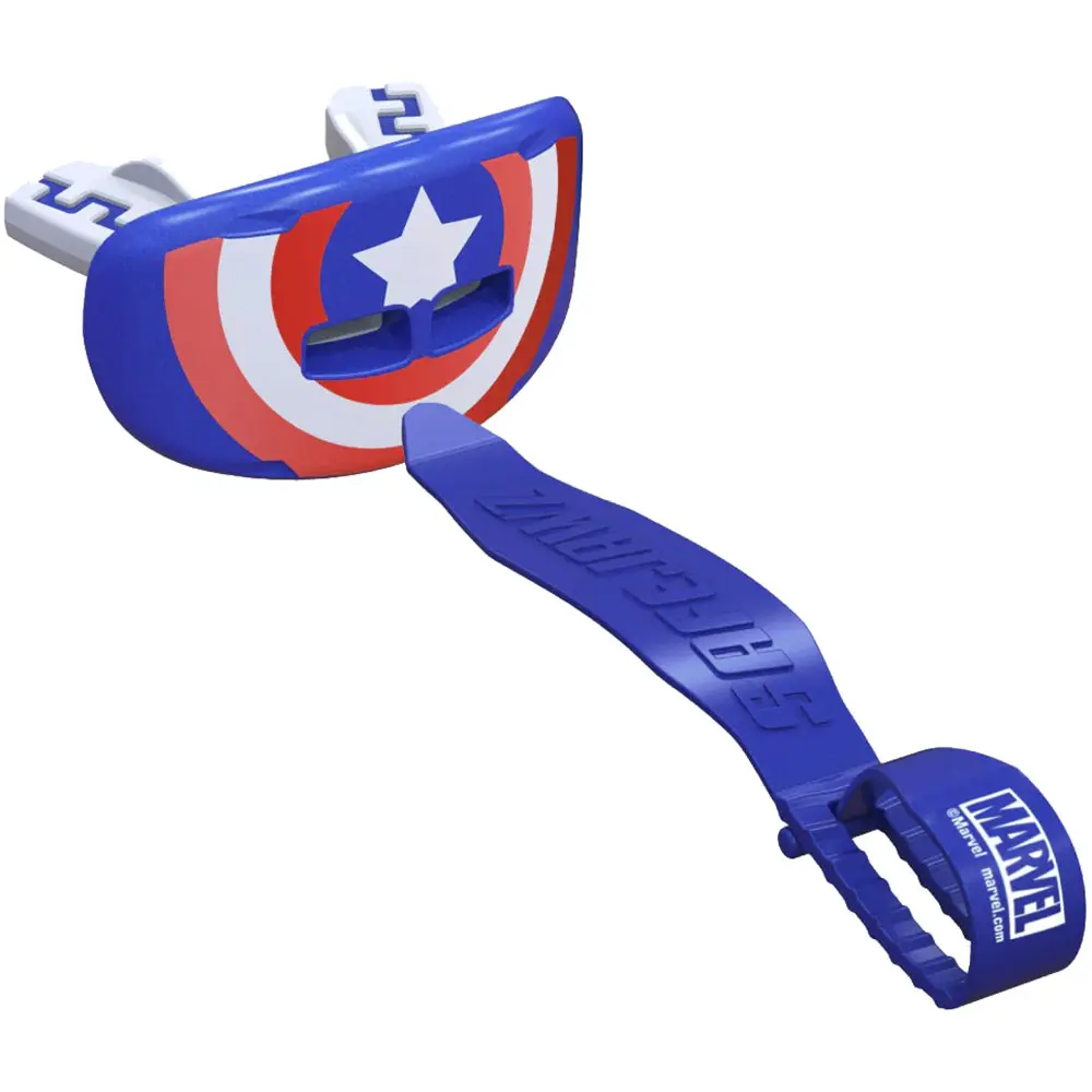 SafeJawz EXTRO Lip Guard Protector Mouthpiece with Detachable Strap for Football, Lacrosse - CAPTAIN AMERICA