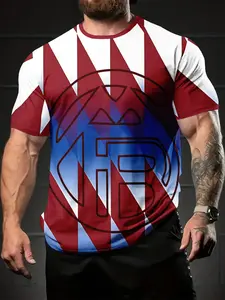 Men's Fashion Casual Short-Sleeve T-Shirt, Red and Blue Twill CB Team Logo Contrast T-Shirt, Round Neck Comfortable and Stylish Top, Suitable for Daily Outings, Parties, Gatherings, and as a Gift for Leisure T-Shirts