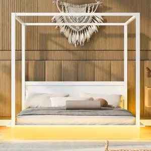King Canopy Bed Frame with 4 Posters, King size Platform Bed with LED Light, Wood Canopy Bed with Headboard for Bedroom, Floor Canopy Bed for Bedroom, No Box Spring Needed, White
