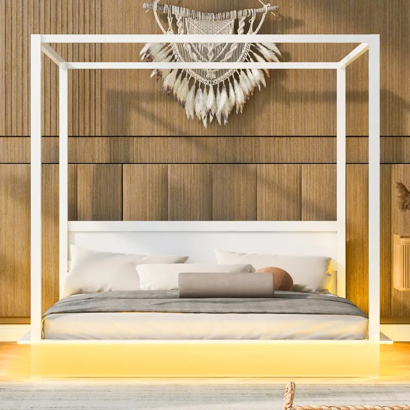 King Canopy Bed Frame with 4 Posters, King size Platform Bed with LED Light, Wood Canopy Bed with Headboard for Bedroom, Floor Canopy Bed for Bedroom, No Box Spring Needed, White