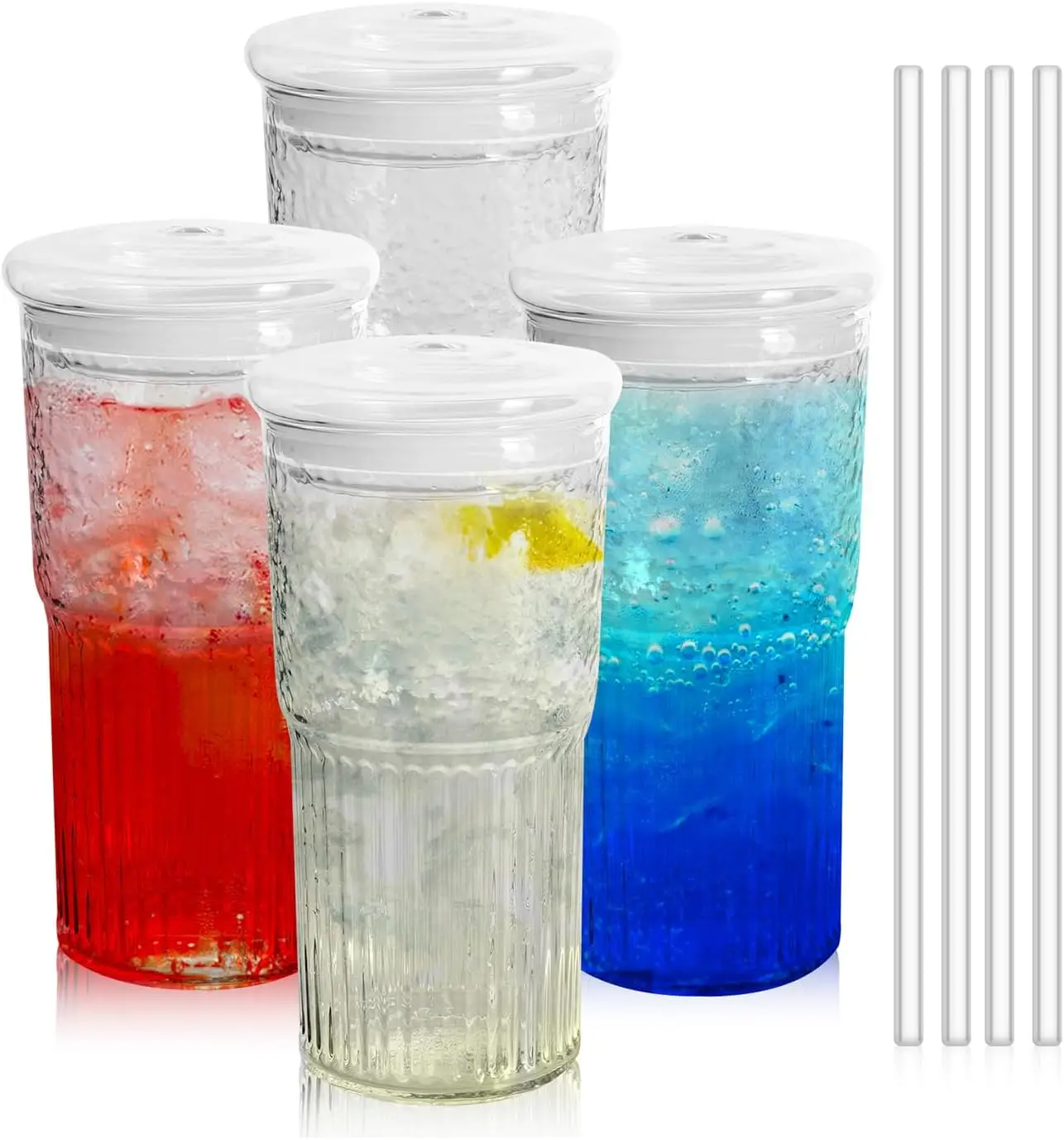 4 Packs 22 oz Glass with Lids and Straws, Glass Coffee Tumbler, Tumbler Water Glass, Water Bottle, Thick Wall Glass Coffee Mug Iced Tea (Clear (4Pcs