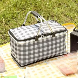 Large outdoor picnic insulation basket, outdoor camping insulation picnic basket, foldable and portable picnic bag