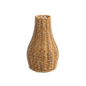Handwoven Table Decoration Vintage Rattan-Look Floor Vase, Minimalist Home Decor for Living Room & Balcony, Decorative Flower Cylinder for Tabletop