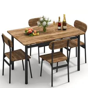 Hooseng 5-Piece Dining Table Set for 4 | Rustic Faux Wooden Top Table with 4 Chairs & Black Metal Frame | Easy Assembly & All Tools Included | Compact Small Space Furniture for Kitchen, Apartment & Dining Nook