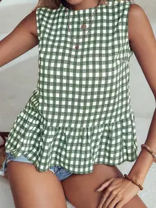 Women's Casual Green Plaid Sleeveless Top, Summer Commute and Vacation Essential, Ruffled Hem Design, Perfect for Everyday Wear