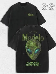 1 PCS Retro Washed Black Short Sleeve T-Shirt, Front Mini "Modelo" Print + Back Alien Head "Humans Aren't Real" Graphic, Sci-Fi Streetwear Style, 100% Cotton Unisex Oversized Tee, Casual Hangouts, Great Gift for Sci-Fi Fans