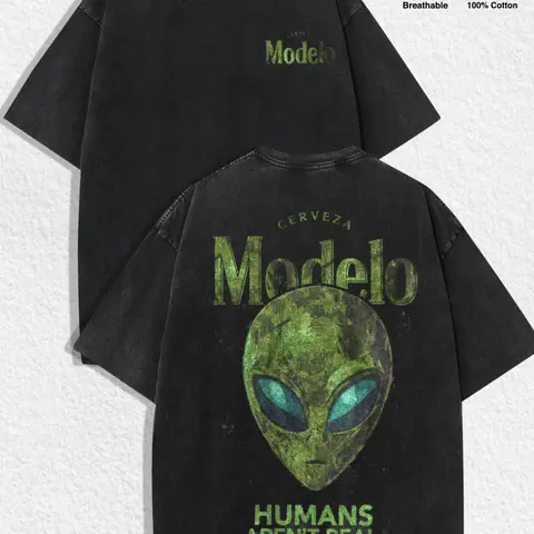 1 PCS Retro Washed Black Short Sleeve T-Shirt, Front Mini "Modelo" Print + Back Alien Head "Humans Aren't Real" Graphic, Sci-Fi Streetwear Style, 100% Cotton Unisex Oversized Tee, Casual Hangouts, Great Gift for Sci-Fi Fans