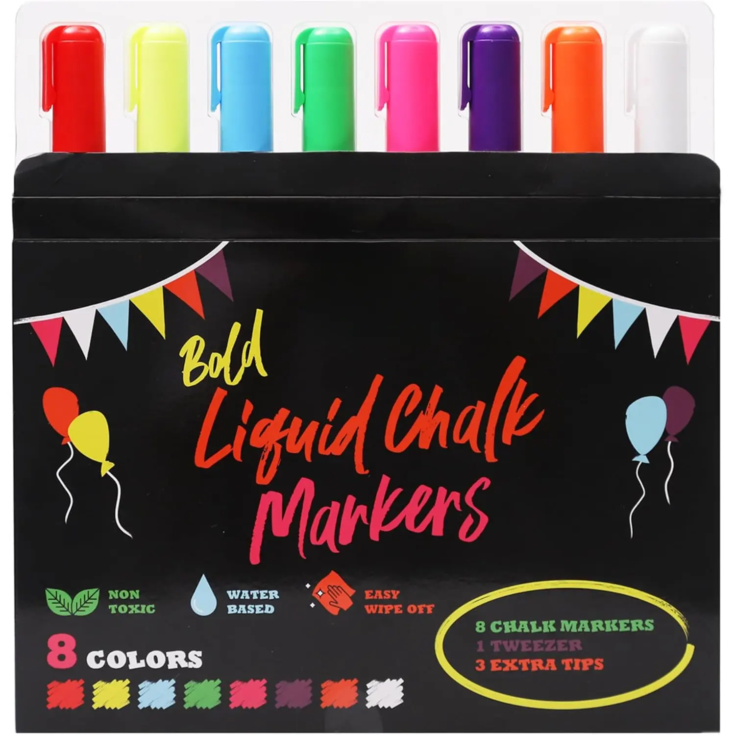 Chalk Markers - 8 Vibrant Colors, 6mm Reversible Tips, Erasable, , Water Based for  & Adults - For Chalkboard, Glass & Non-Porous Surfaces, Liquid Chalk Board Markers