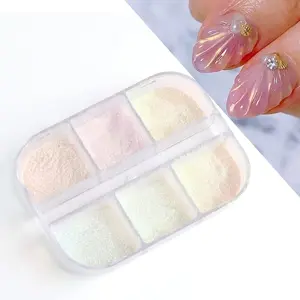 6 Grids Chrome Nail Powder Pearl Shell Holographic Nail Glitter Mirror Aurora Bubble Dipping Dust Nail Art Decoration Pink Sugar Sand Micro Nail Powder Pigment for Manicure Sugar Effect Shimmer Dust