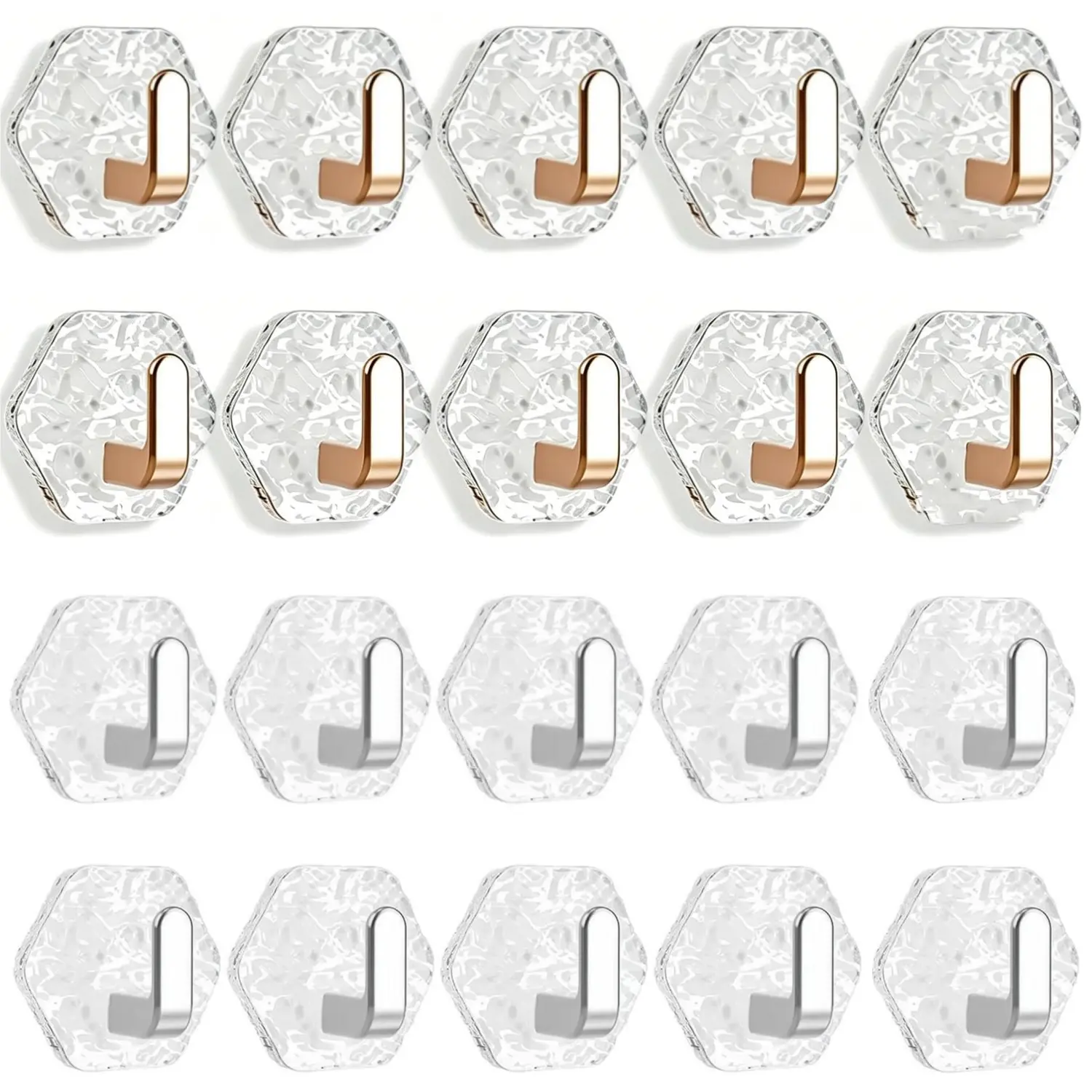 20-Piece Bulk Pack Glass Hexagon Minimalist Home Storage Hooks - Transparent, Waterproof, Water Ripple, Self-Adhesive, Removable, No-Drill Smooth Wall Installation, Household Organiser for Bathroom, Kitchen Towels, Home Decoration