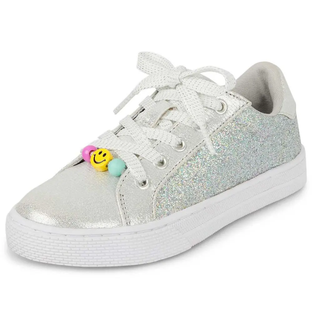 The Children's Place Girls' Beaded Glitter Low-Top Sneakers, Round Toe, Lace-Up, Twill & Faux Leather Construction, for Casual Wear (Sports & Outdoor Hiking Footwear), Girls' Shoes, Beaded Accents