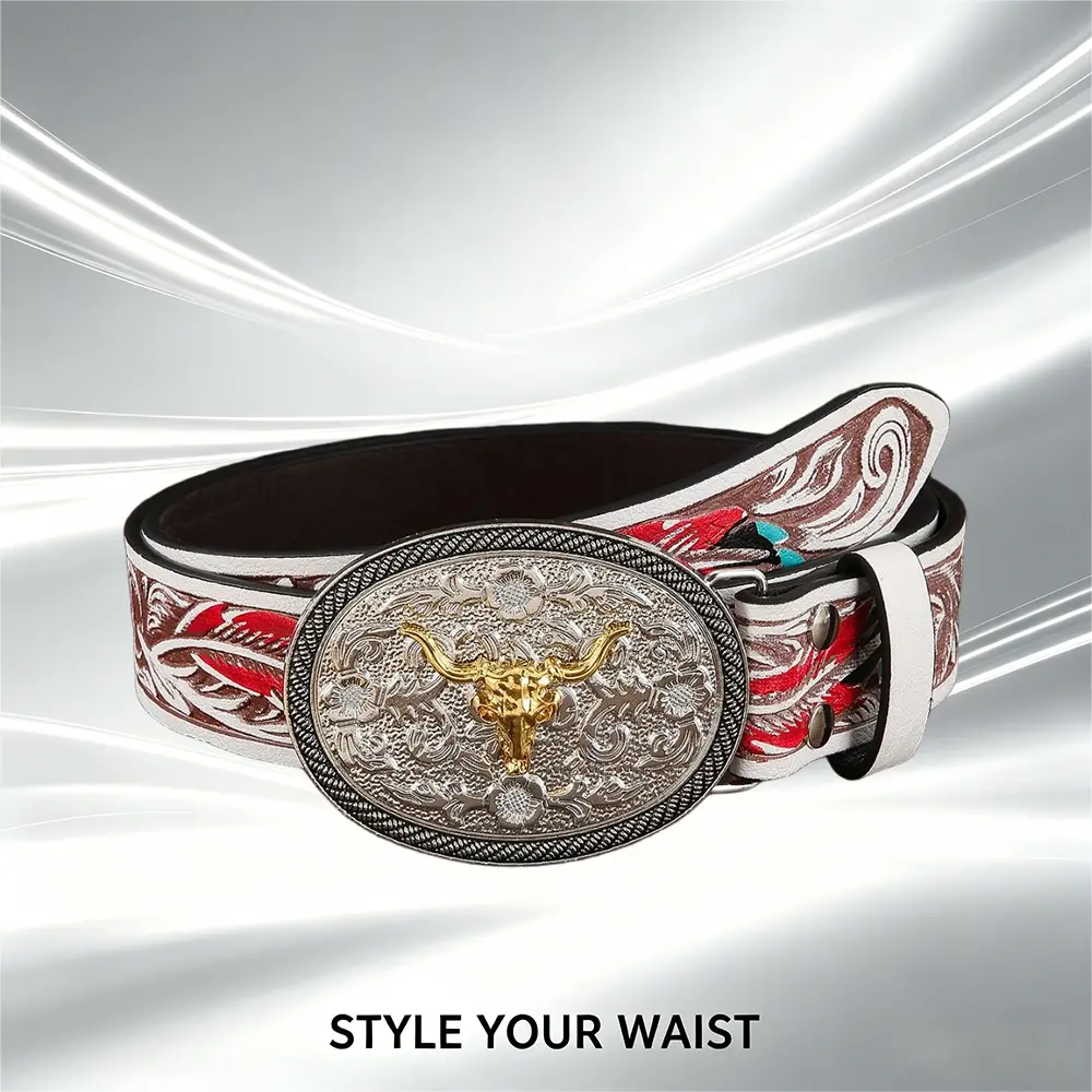 Western gold longhorn bull buckle belt with painted feather inlay youthful style hip dip men