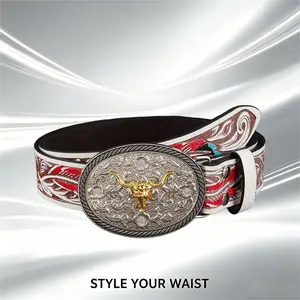Western gold longhorn bull buckle belt with painted feather inlay youthful style hip dip men