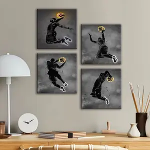 4-count wooden frame canvas, neon basketball Slam Dunk pattern poster, sports-style gymnasium decoration, fashionable living room and bedroom decoration, exquisite family poster, corridor wall hanging painting, waterproof art