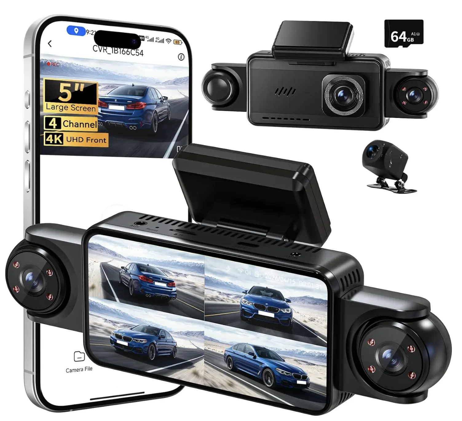 4 Channel 360° Dashcam Set, 5'' Ultra Large HD Touch & Button Operation Screen, 4K+1080P Front-Rear Car Camera, 8 IR Lamps Night Vision, 24H Parking Monitor, Loop Recording, Wide Angle, G-Sensor, Bluetooth Support