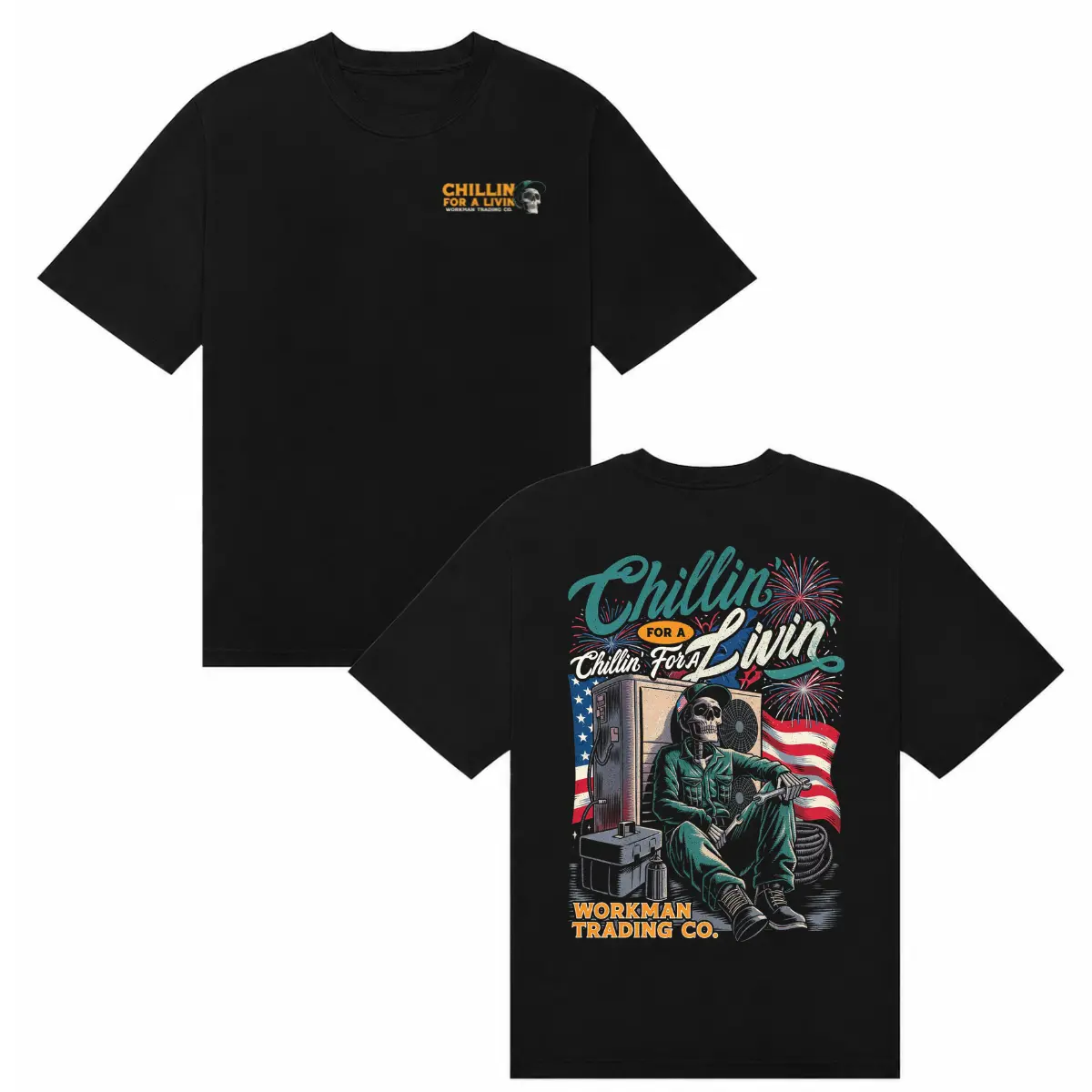 Men's Short-Sleeve Round Neck Patriotic HVAC Technician T-Shirt - Funny 4th of July Skeleton Digital Print Heavyweight Cotton Menswear Top for Blue Collar Tradesmen, Casual Work Streetwear