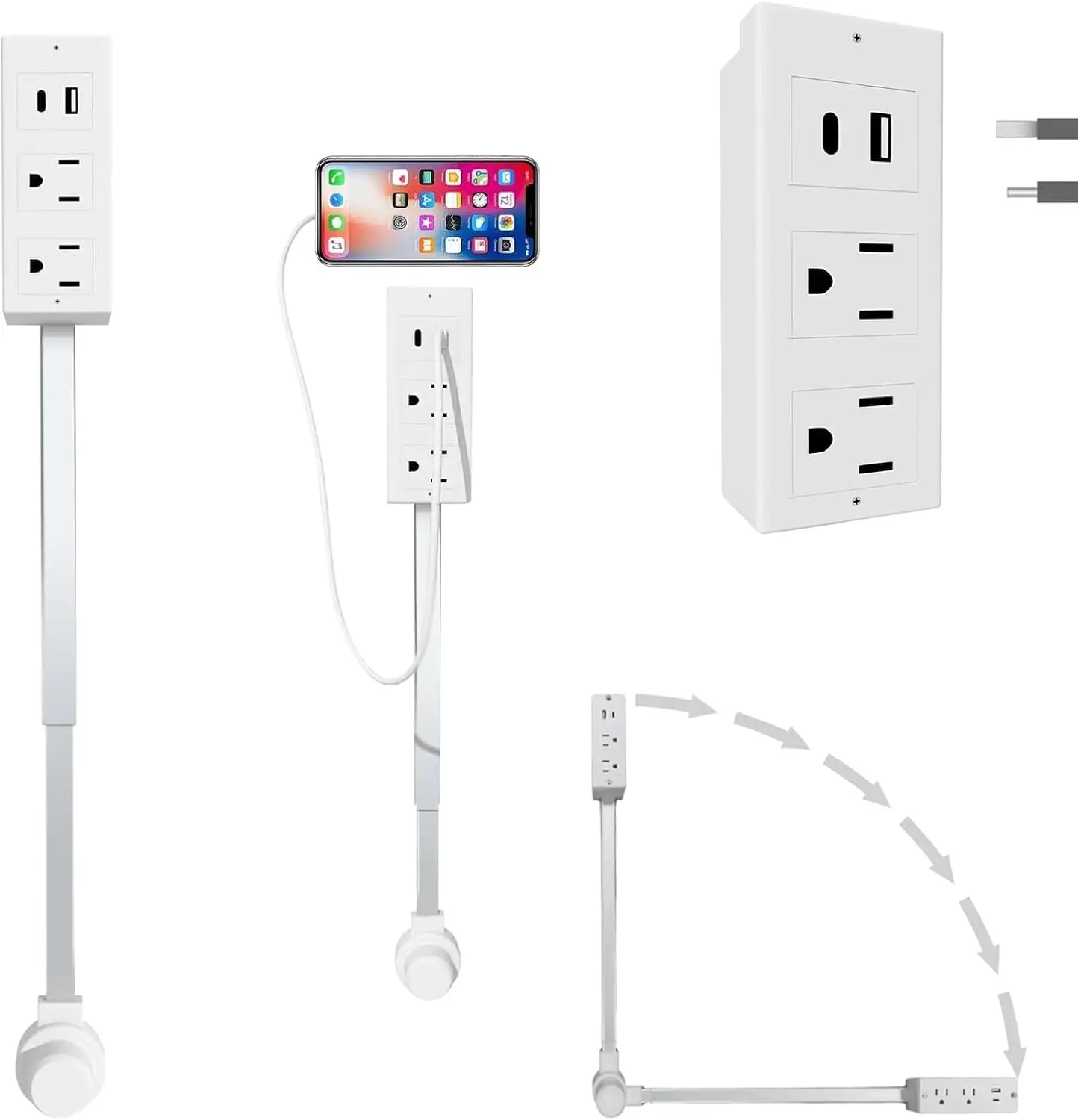 Power Socket Expander, Access Hard-to-Reach Outlets! Features USB-A, USB-C, and 2 AC Outlets, Extends 22"-34", Rotates 180°. Use Behind Couches