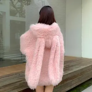 Cute Rabbit Ears Anti Lambswool Fleece Jacket For Women Fur Coat Pink Casual Long Sleeve Hooded Zipper Winter Lined Tops