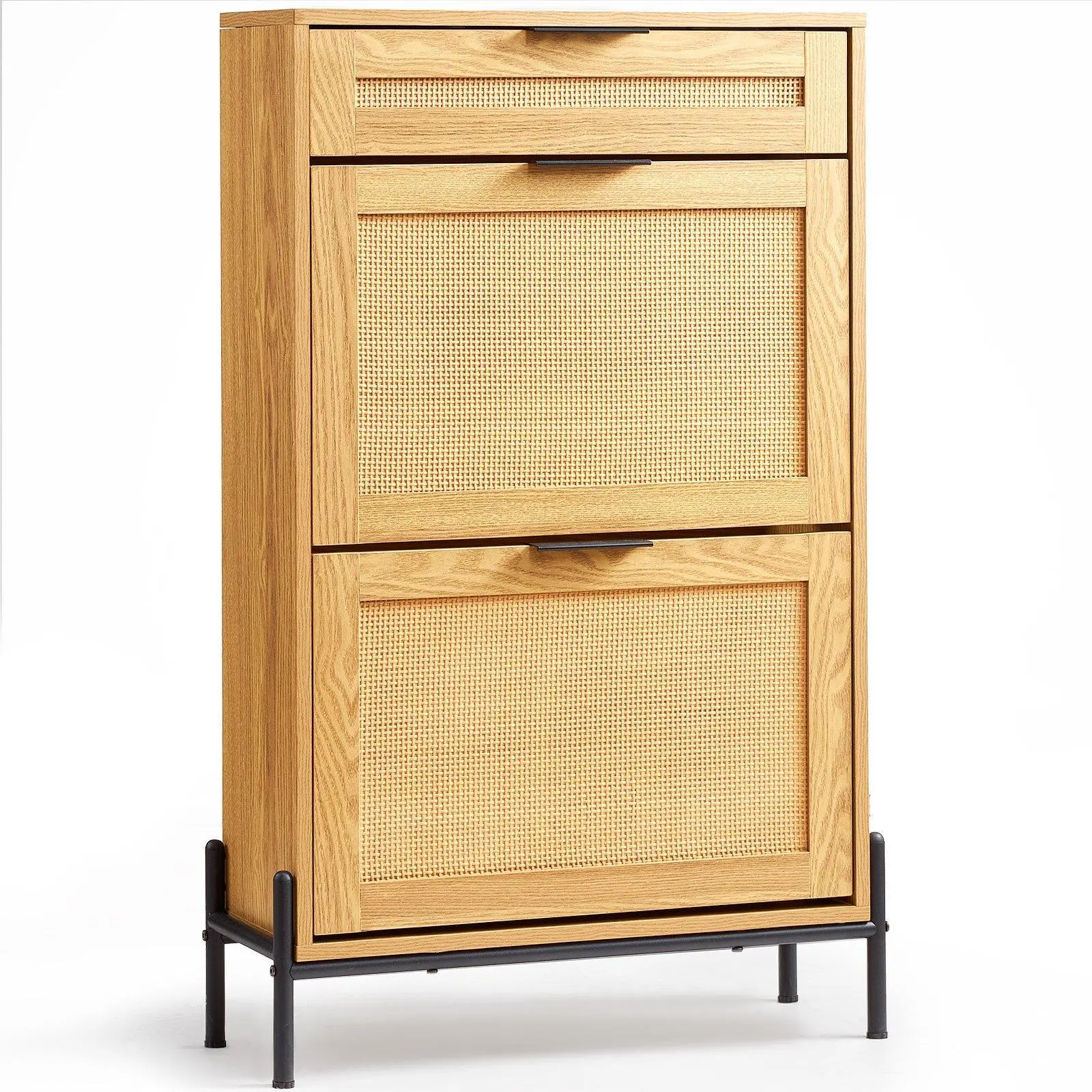 【Summerfinds】VEVOR Rattan Shoe Cabinet Narrow Shoe Storage Organizer with 2 Flip Rattan Drawers & 1 Slide DrawerMetal LegsSlim Shoe Entryway Cabinet Ideal for EntrywayClosetHallwayLight Wood Color