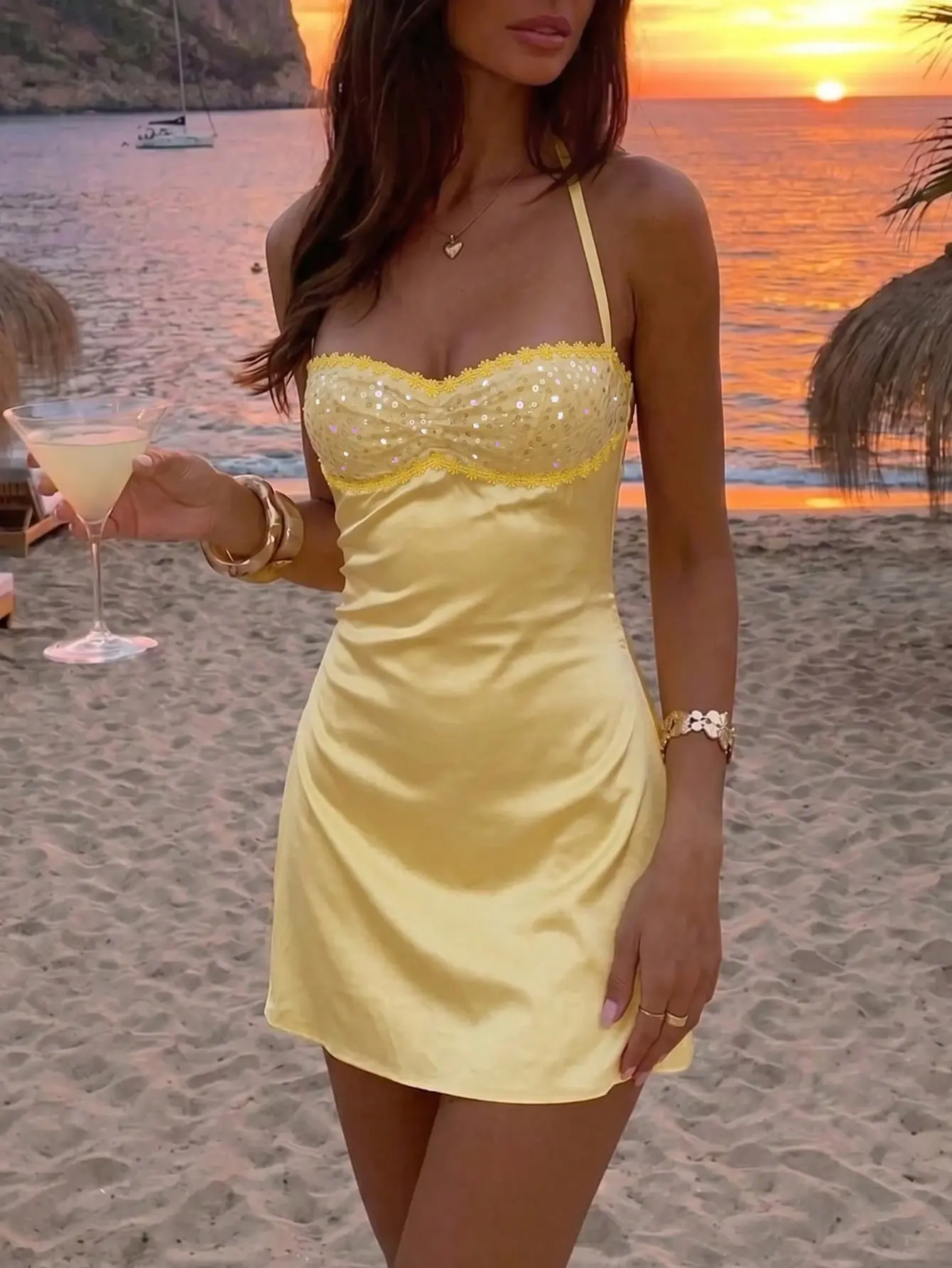 LOVEIU Pale Yellow Summer Birthday Party Sequin Patchwork Ruffle Trim Velvet Mini Dress Halter Neckline Spaghetti Straps Vacation Beach