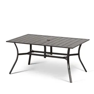 Aoodor Patio Dining Table for 6 People,  59"L x 38"W Rectangular Metal Outdoor Picnic Table with Adjustable Umbrella Hole for Garden, Poolside, Backyard