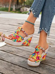 Rainbow Braided Heeled Sandals, Summer New Open-Toe Thick Sole Beach Shoes, Women's Casual Vacation High Heel Shoes