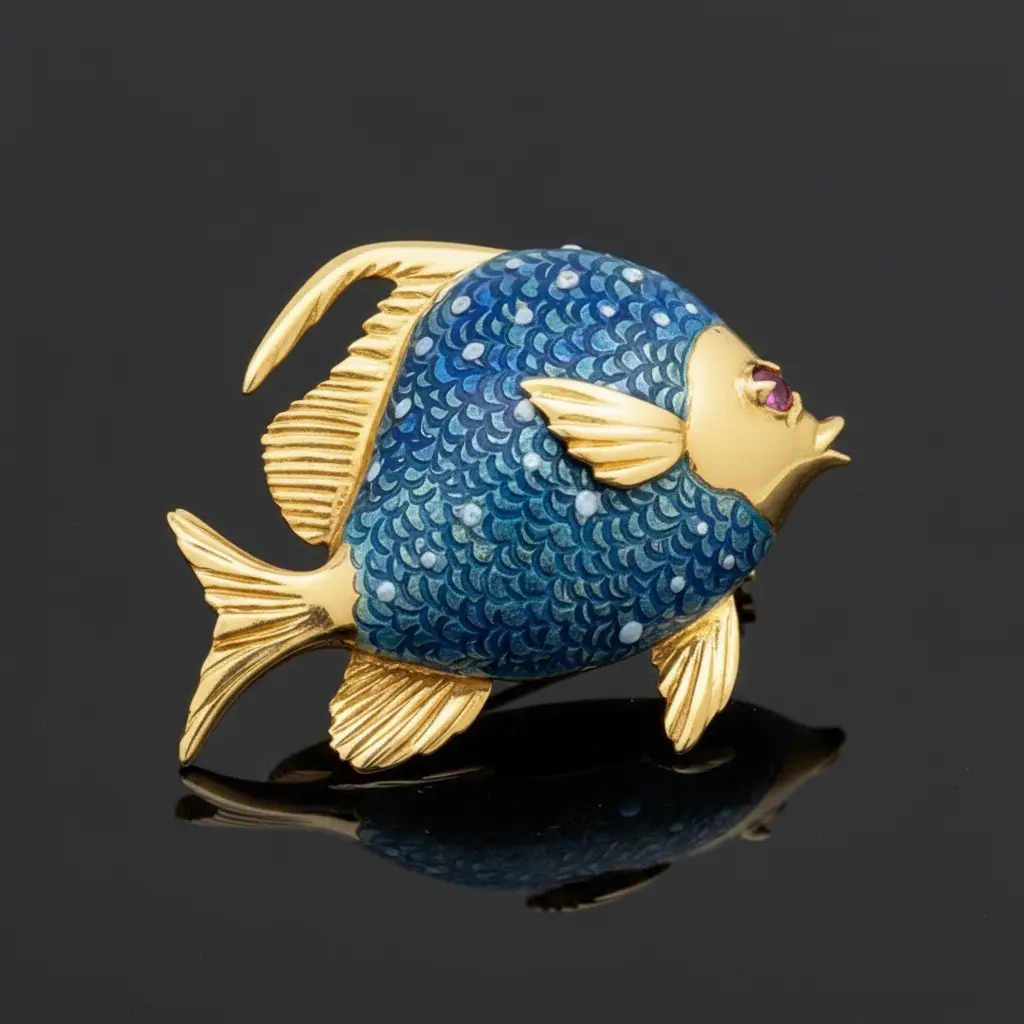 Italian Estate Blue "Guilloche" Enamel and Pink Sapphire 18Kt Yellow Gold Fish Brooch