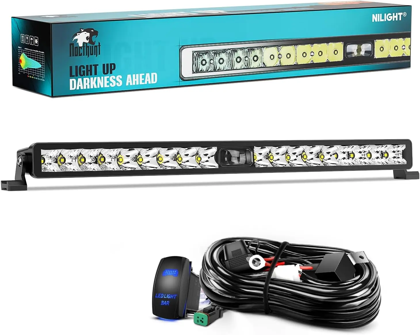 Nilight Vision Series 22in Single Row Ultra-Bright Aluminum Spot LED Work Light Bar, 19-LED Screwless Design, 16AWG 5-Pin Rocker Switch Wiring Harness Kit, Adjustable Mounting Bracket, Beam Control for Trucks, Boats (Front Bumper, Grill), Off-Road Veh., I