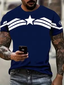 Captain America Theme Men's Short Sleeve T-Shirt, Fashionable Graphic Design, Comfortable Breathable, Ideal for Daily Wear and Sports Leisure, Athleisure Tee