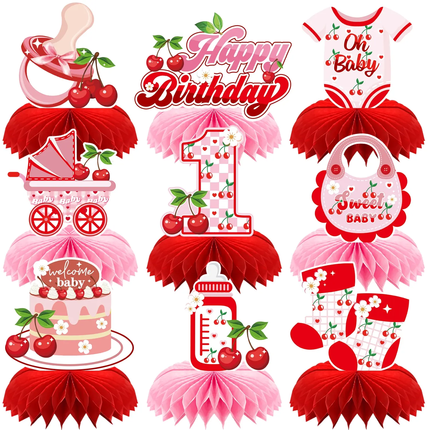9Pcs Cherry Birthday 3D Honeycomb Centerpieces Dining Table Centerpiece Table Decor for First ONE, Birthday Party Decorations One Year Old 1st Theme Party Baby Shower Birthday Party Decorations Supplies