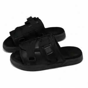 Men's Adjustable Strap Black Slide Sandals, Non-Slip Cushioned Summer Slippers for Casual Streetwear & Beach