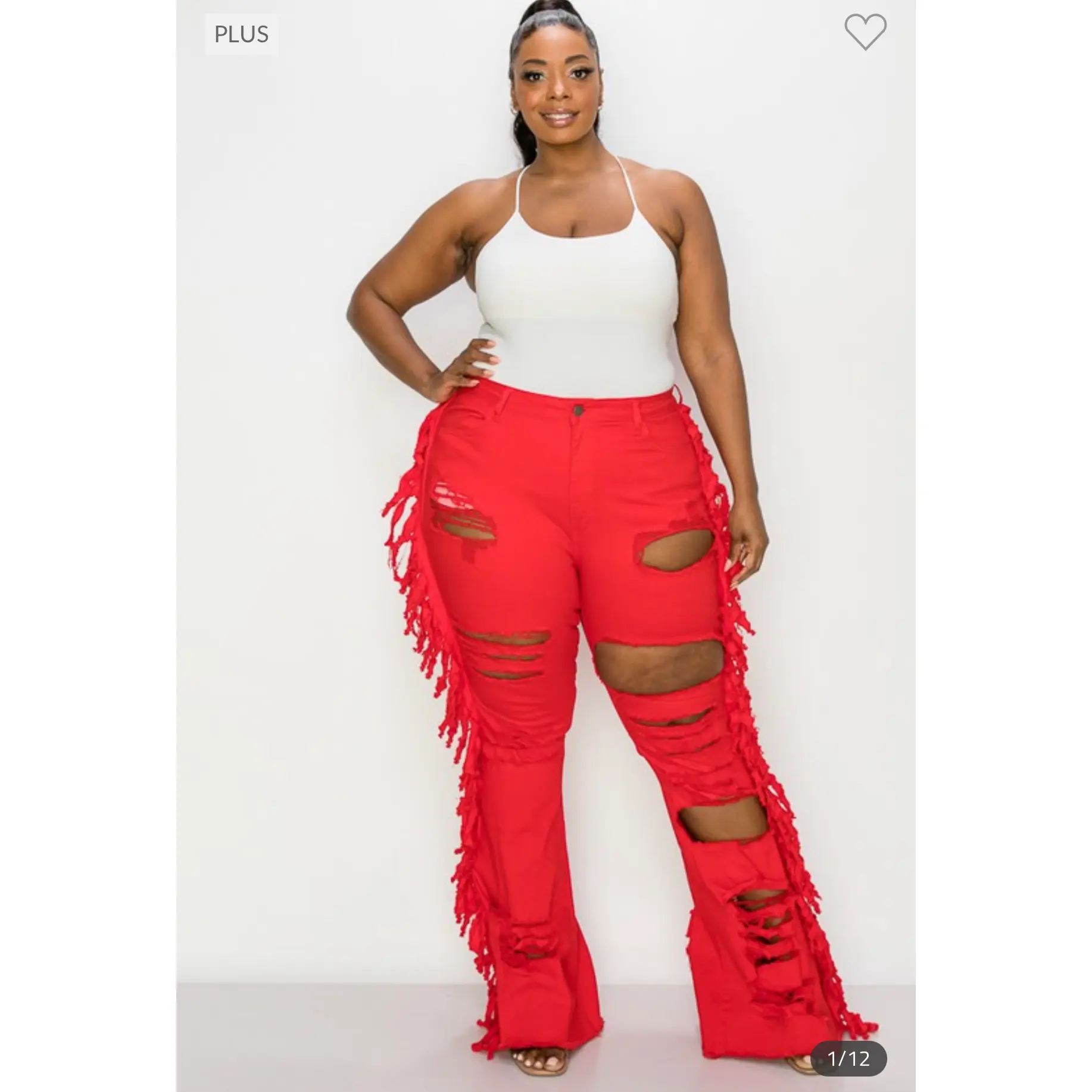 Plus Red High Rise Flare Tassel Jeans