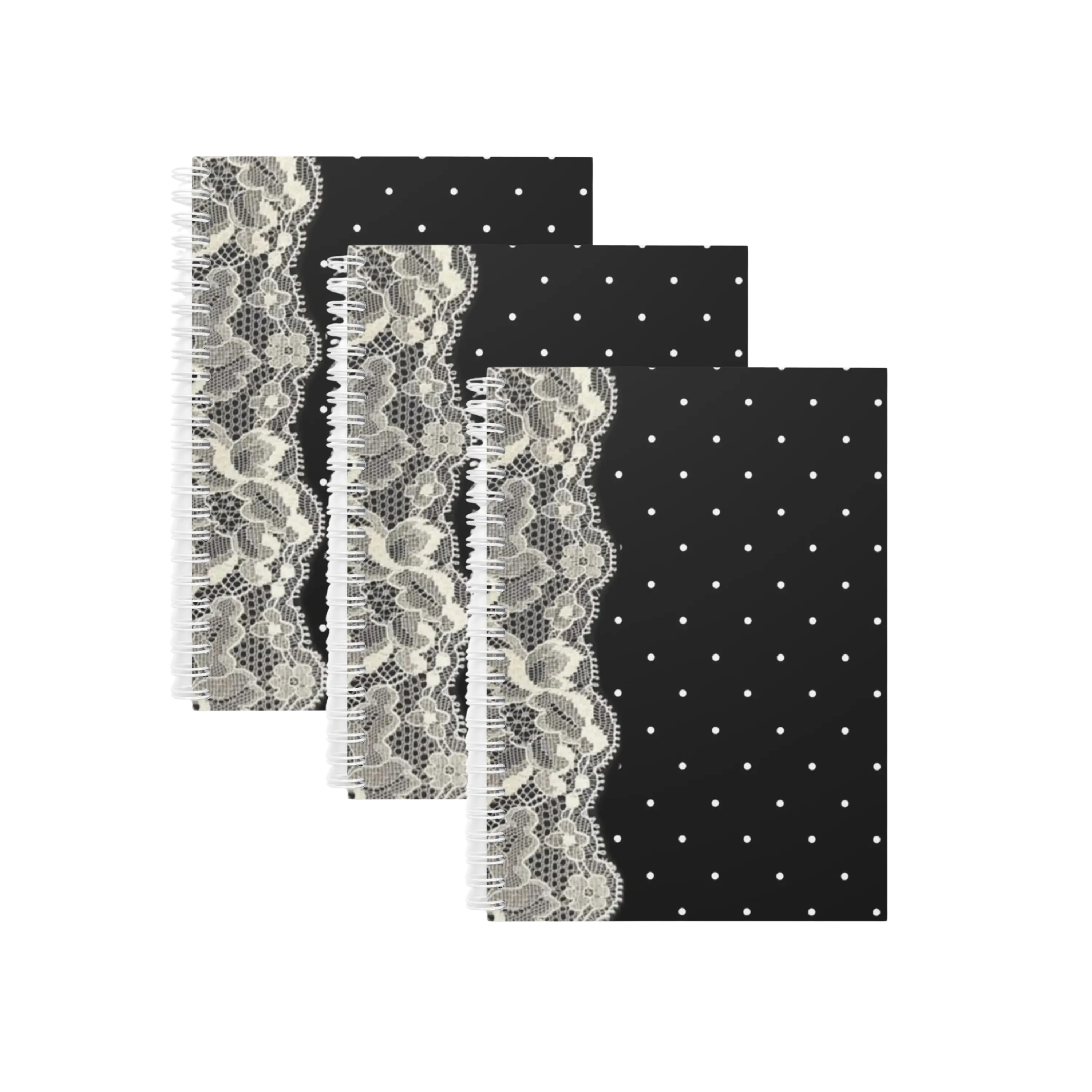 3pcs Journal Notebooks Coquette Floral Lace Black And White Polka Dot pattern Girls Notebook School 160 Pages A5 Medium Size Thick Paper, Spiral-bound, Waterproof Flexible Plastic Cover, for College, Sketching, Drawing, Painting