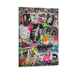 2D Flat, 1pc Frameless Punk Rock Canvas Art, Graffiti Collage (Sex Pistols/Clash, Anarchy), Neon DIY Print, Rebellious Wall Decor for Home (Living Room, Bar, Bedroom)