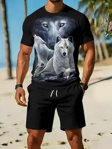 Men's 3D Digital Printed Two-piece Set with Moonlit Snowfield and Wild Wolf Pattern, 2Pcs, Trendy Fashion Outfit, Retro Casual Two-piece Suit, Resort-style Trendy Wear, Breathable Sports Casual Style, an Ideal Festival Gift for Men