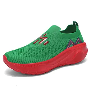Women's slip-on knitted casual low-top sneakers, running shoes, men's lightweight mesh hiking shoes, comfortable and breathable, with elastic collar design, thick-soled shoes, suitable for daily errands and casual walks