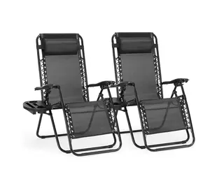 Zero Gravity Chairs, Set of 2 Portable Recliner Beach Camping Patio Outdoor Folding Lounge Chair with Cup Holder Trays and Adjustable Pillow for Poolside, Garden, Backyard, Black