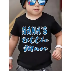 ["Nana'S Little Man" Boys' Graphic Tee] Boys' Casual "Nana'S Little Man" Graphic Tee,  Crew Neck T-Shirt, Medium Stretch Knit Fabric, Alphabet Pattern, Regular Fit, for Children Aged 12 And Under, Spring/Summer/Fall