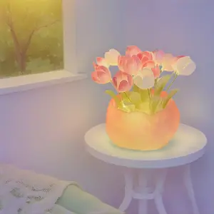 DIY LED Tulip Night Light Handmade Glass & Wood 9-Flower Kit for Bedroom Living Room Office Bookshelf Valentine's Day Gift Interior Decoration