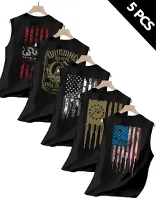 Men's 5-Pack Summer Round Neck Sleeveless T-Shirts, Trendy Flag Print Design, Street Style Casual Wear, Perfect for Daily, Top, Casual Streetwear