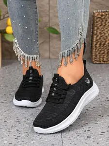 Women's Knit Slip-On Sneakers Walking Shoes with No-Tie Laces, Lightweight Casual Footwear with Contrast Stripe Details for Everyday Wear and All-Day Activities