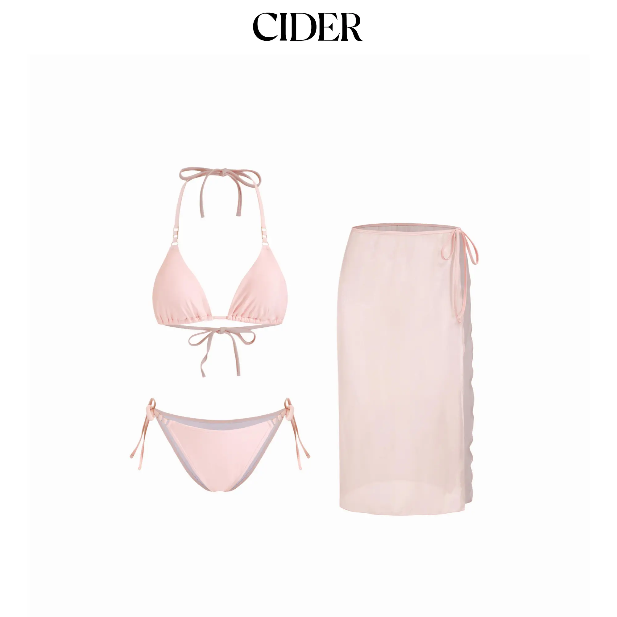 Cider Women's 3-Piece Bikini Outfit, Solid Halter Triangle Top and Bottoms with a Sheer Sarong Cover Up, Bikini Outfits, Triangle Bikini Top