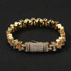 11.5mm Cross Pendant Bracelet for Men Women, 14K Gold Plated Chunky Hip Hop Jewelry, 5A+ Cubic Zirconia Christian Faith with Gift Box