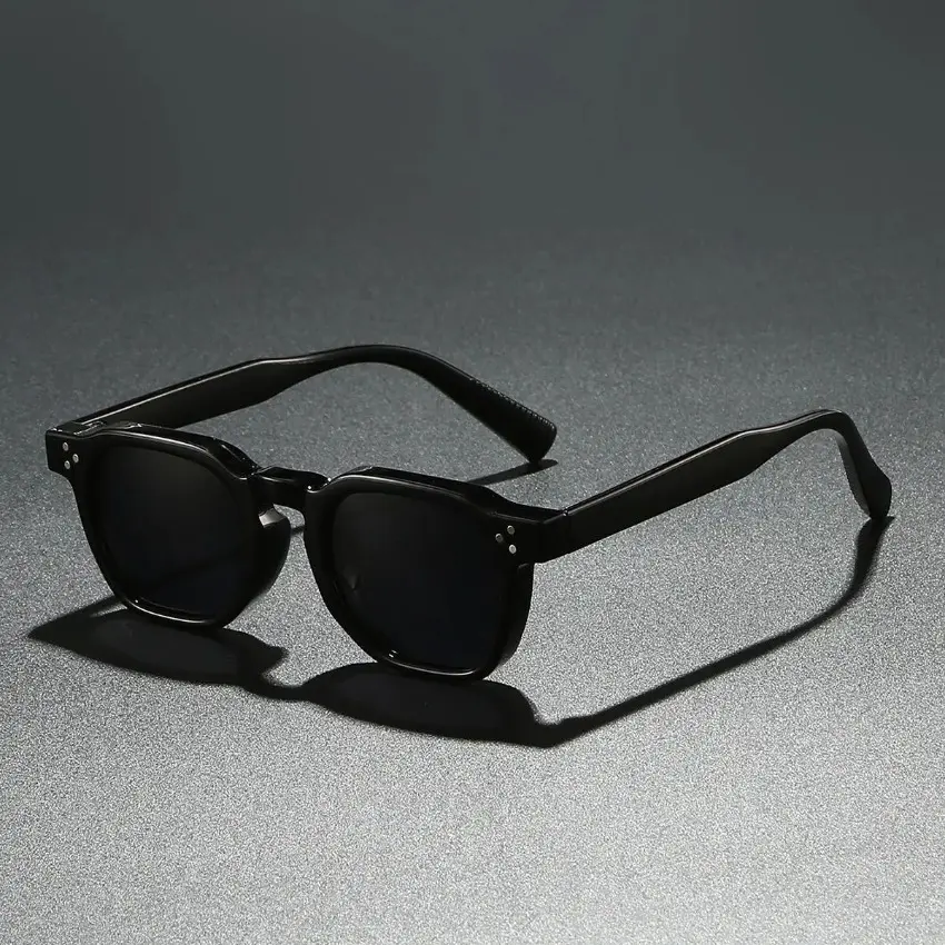 Vintage Trendy Square Frame Sunglasses - Black Acetate Frame, Rivet-Detailed Temples, Dark Tinted Glasses, Rimless-Inspired Eyewear for Cycling, Outdoor Leisure, Vintage Trendy Sunglasses, Classic, Unisex, Sleek And Modern, Versatile And Stylish