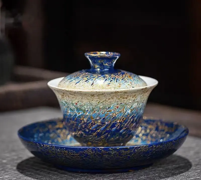 Blue Gold Kiln Change Lacquer Sancai Gaiwan Tea Set, Kiln Opening Live Textured Three-Piece Porcelain Tea Bowl Oriental Collectible Tea Craft Gift