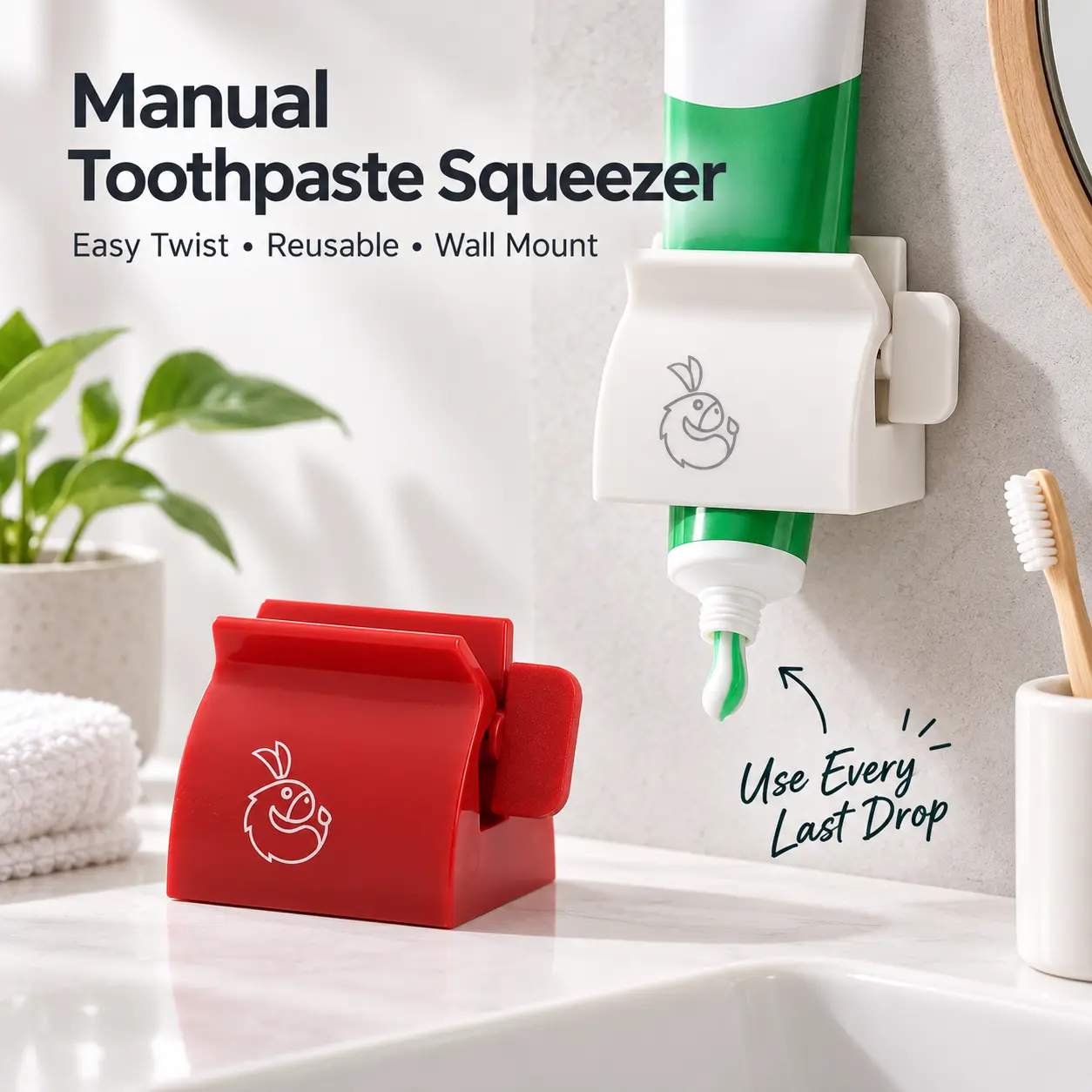 Manual Toothpaste Squeezer, Wall Mount Toothpaste Tube Roller Dispenser, Reusable Easy-Twist Tube Wringer & Space-Saving Bathroom Toothpaste Holder