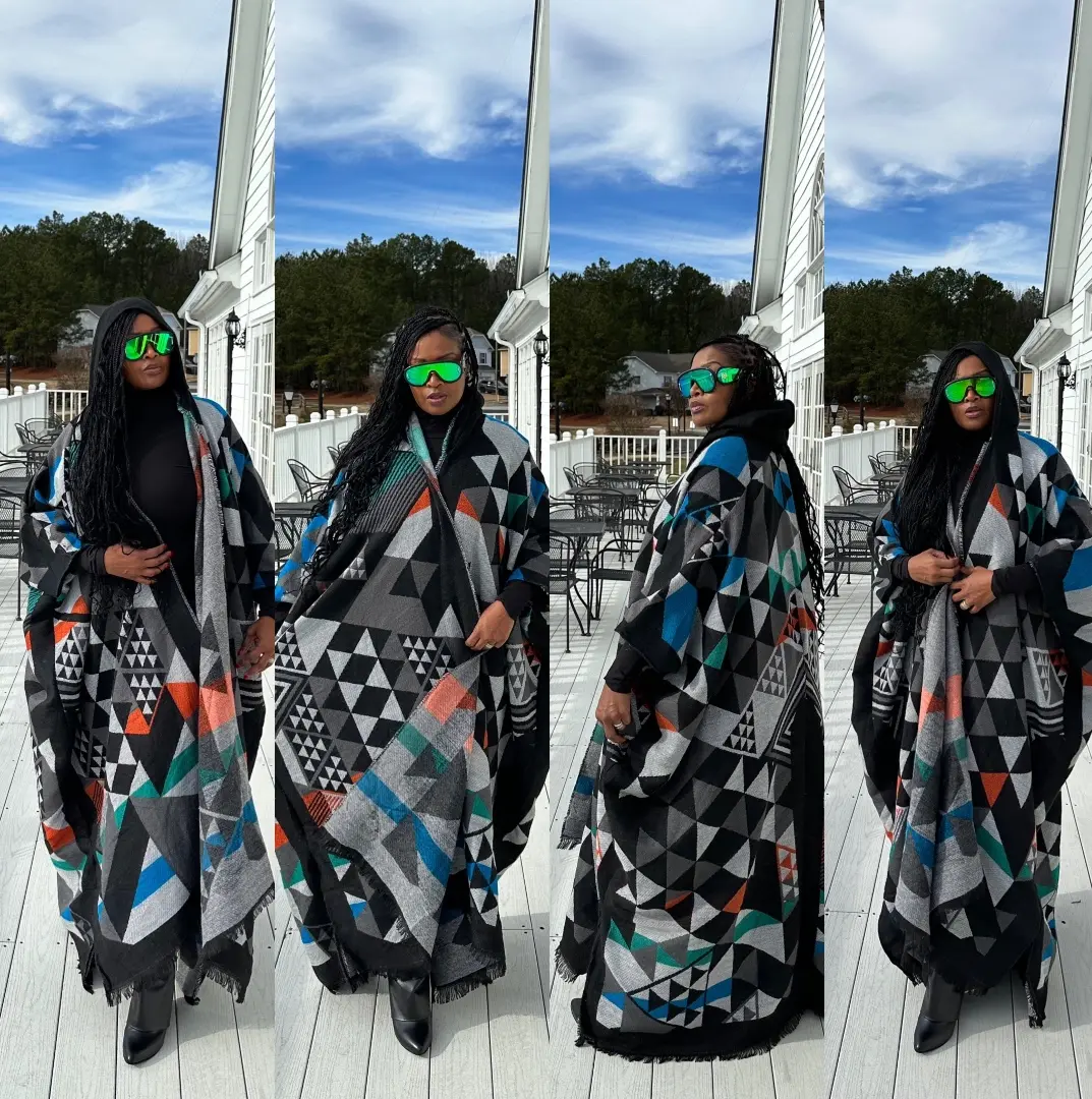 Hooded Winter Open Front Poncho - Black Grey Blue Green Blend