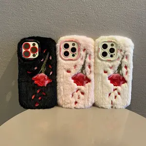 Fluffy Embroidered Rose Phone Case for Apple iPhone 16/17 Pro Max, Anti-Drop Stand Feature, Full Coverage Design, Winter Warmth Protection
