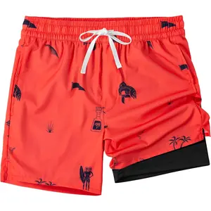Men's Quick-Dry Swim Trunks with Mesh Lining, Pockets, Hawaiian Print for Beach Use
