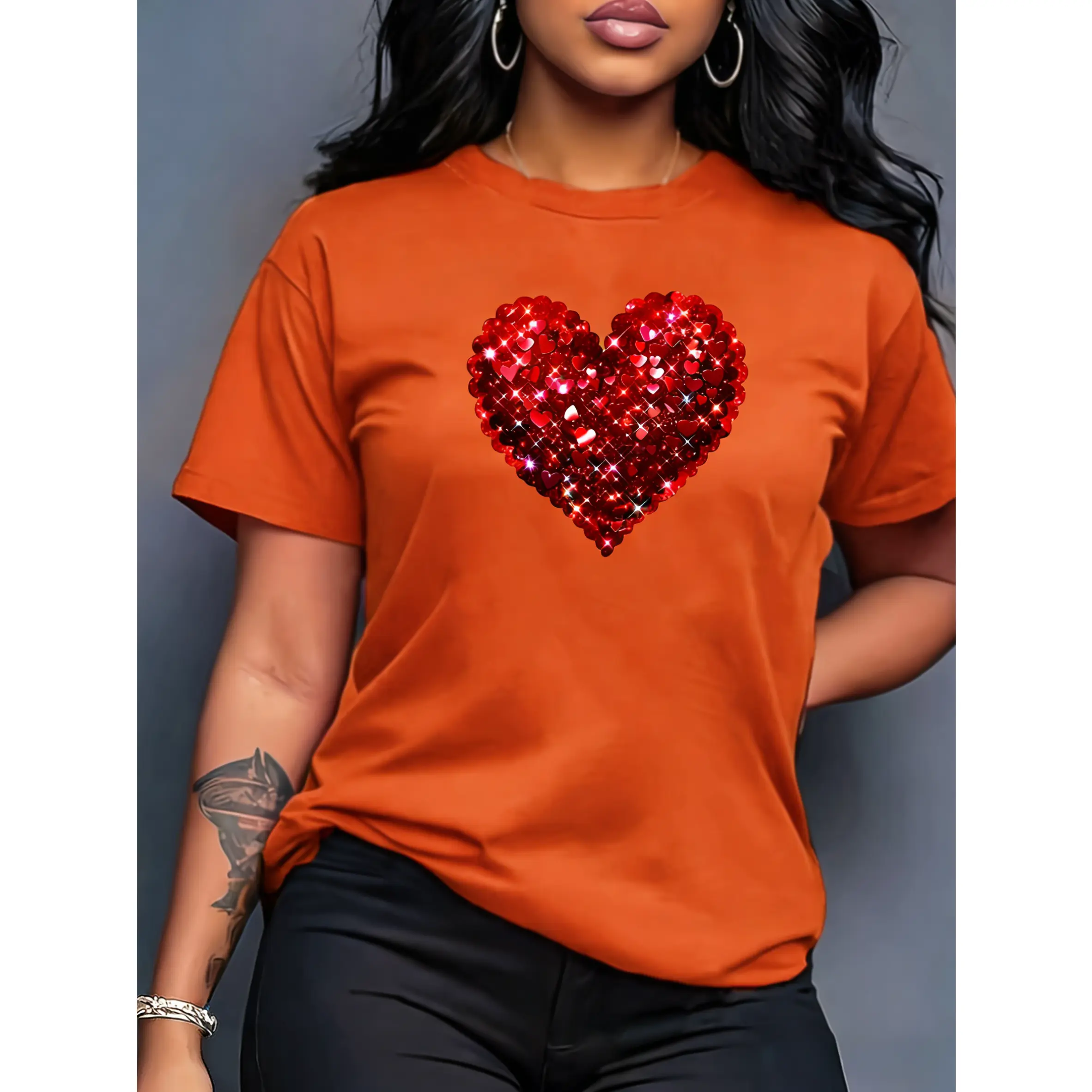Women's 100% Cotton Oversized Short Sleeve Graphic T-Shirt - Round Neck, Faux Sequin Red Heart Print, Smooth Fabric, Machine Washable, Soft, Breathable, Comfortable, Suitable for Lady's Spring, Summer Commuting Daily Wear